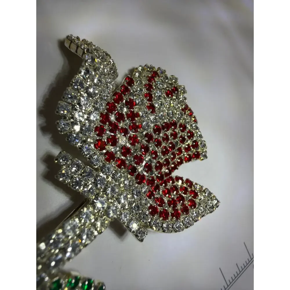 Large Red Rose Brooch Clear Red Green Rhinestones Silver Tone Flower Pin VTG